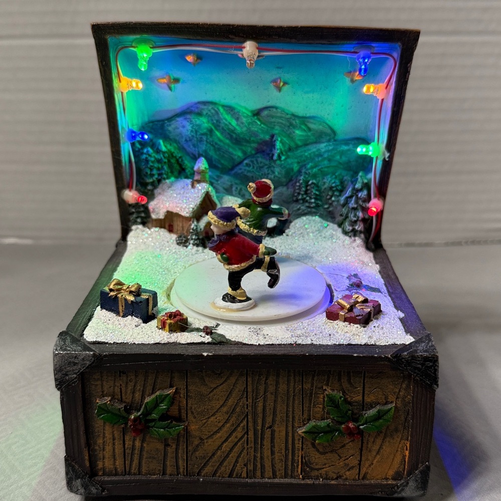Lighted Musical Christmas Treasure Chest Animated Rotating Ice Skaters Works